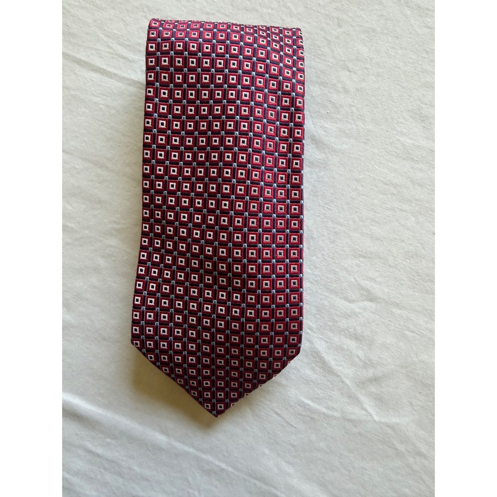 Chaps by Ralph Lauren Mens Silk Necktie‎ Red Navy Blue White Square Old Money